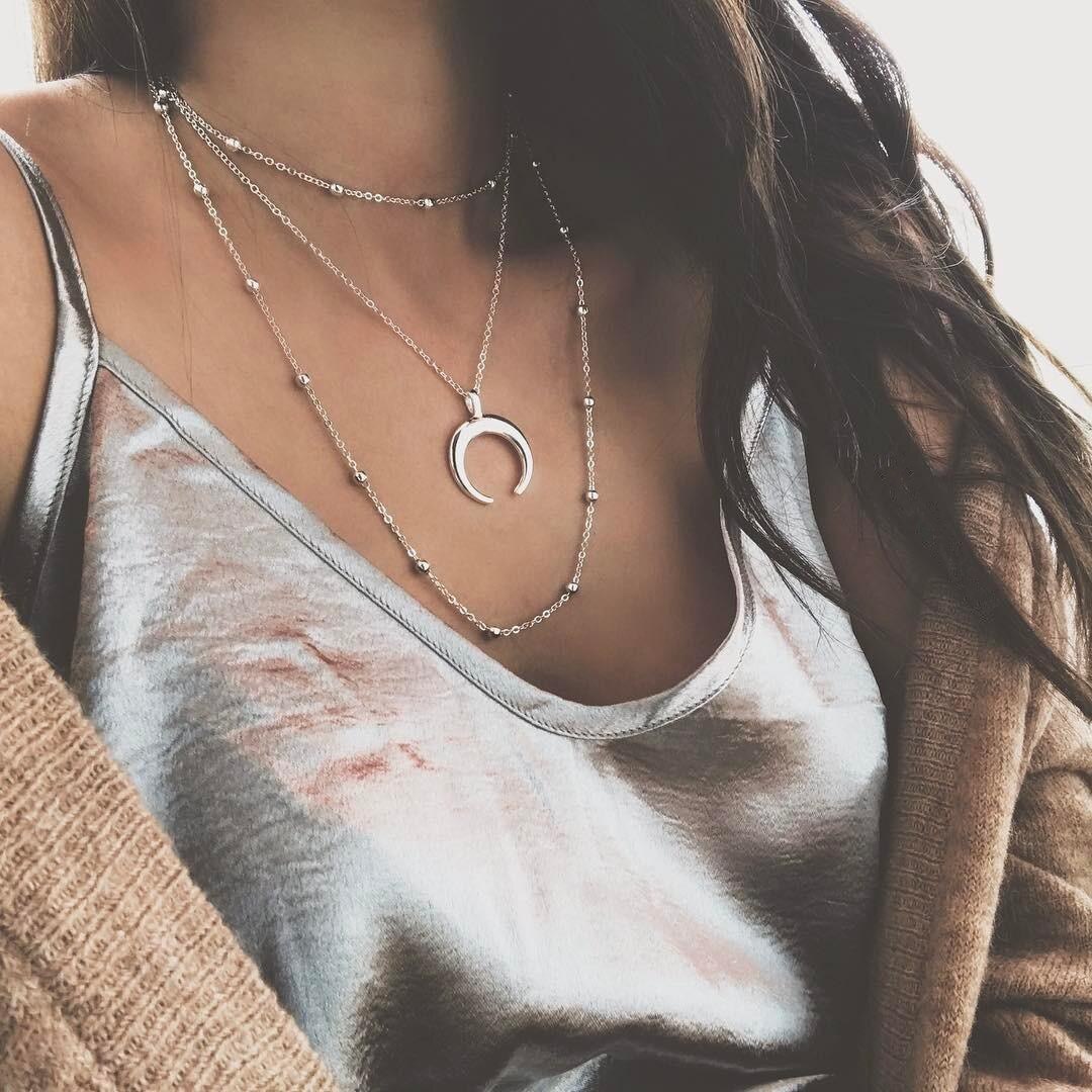 2020 nova cor de prata ouro colar pingentes torques para mulheres lua longa laços veludo moda jóias: E