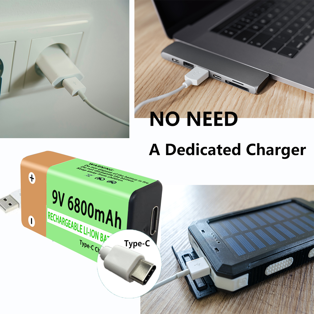 Long-Lasting 9V Rechargeable Battery 6800mAh Type-C Fast Charge Battery for Multimeter, Guitar Pedal, Microphone, Smoke Detector