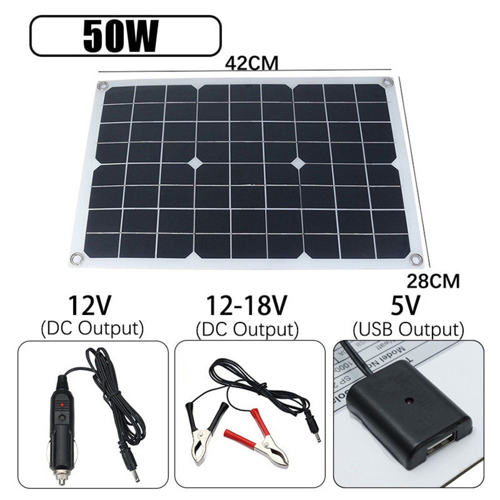 50W 12V/5V Silicon Solar Panel Dual Output USB Solar-Battery-Charger with 10/20/30A/40A/50A MPPT Solar Charge Controller