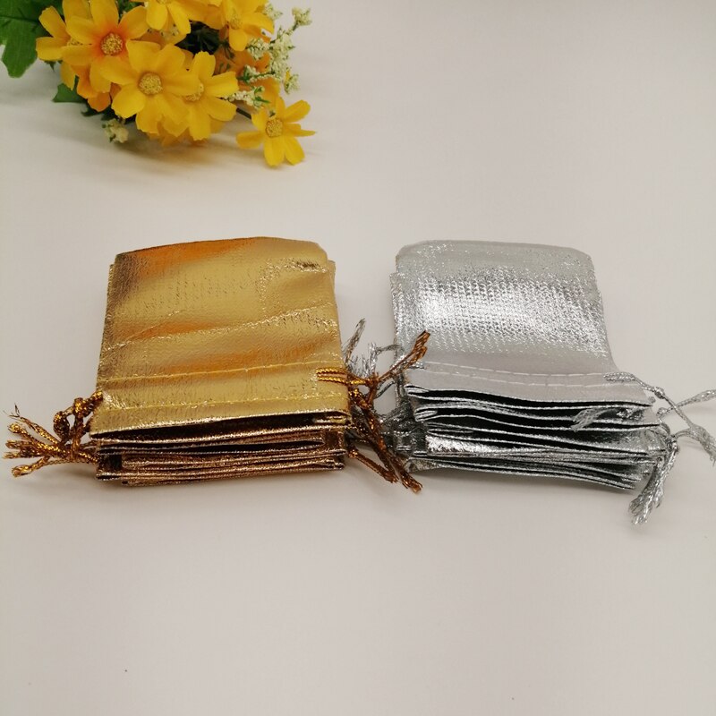 Bolsa de embalaje de tela de aluminio para joyería, bolsa de embalaje de joyería de boda, con cordón dorado y plateado, 50 Uds.
