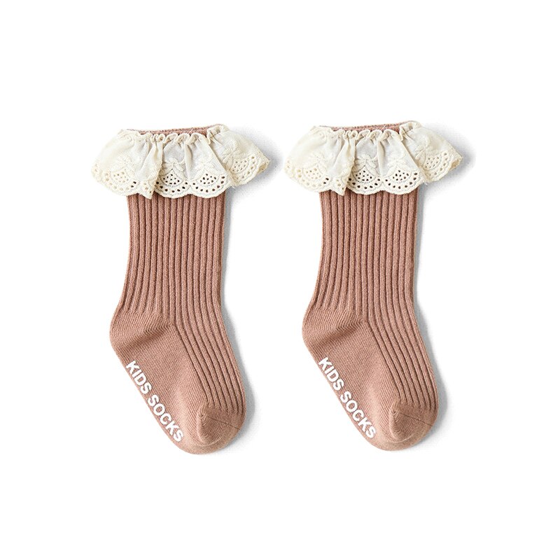 8 Kleuren Baby Knie Sokken Lace Edge Schroefdraad Kid Sokken Verticale Strepen Zachte Ademende Buis Sokken Antislip Voet sox 0-3Y Meisjes: Brown / S 0-1Y