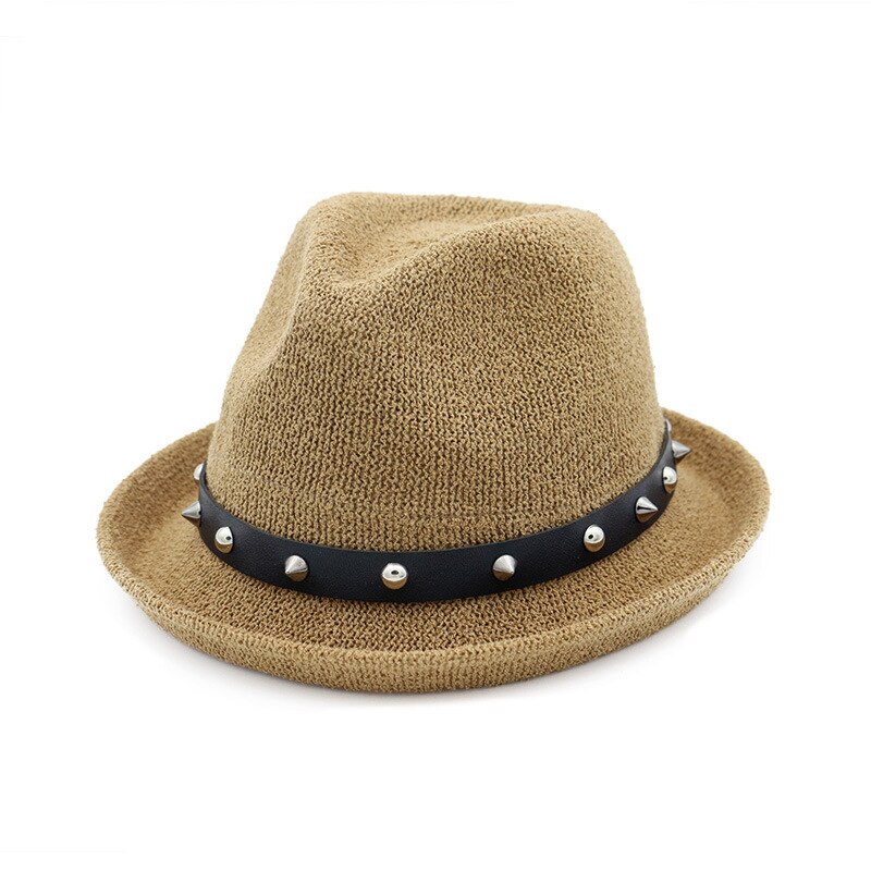 Buttermere fedora hoed dames klinknagel effen beige trilby hoed jazz hoed casual lus garen zomer herfst vrouwelijke punk rock pet: Khaki