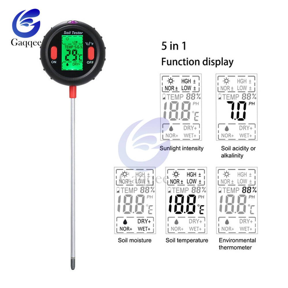 5 in 1 Digital PH Meter Soil Moisture Monitor Temperature Humidity PH Meter Moisture Light Intensity Analysis Tester for Garden
