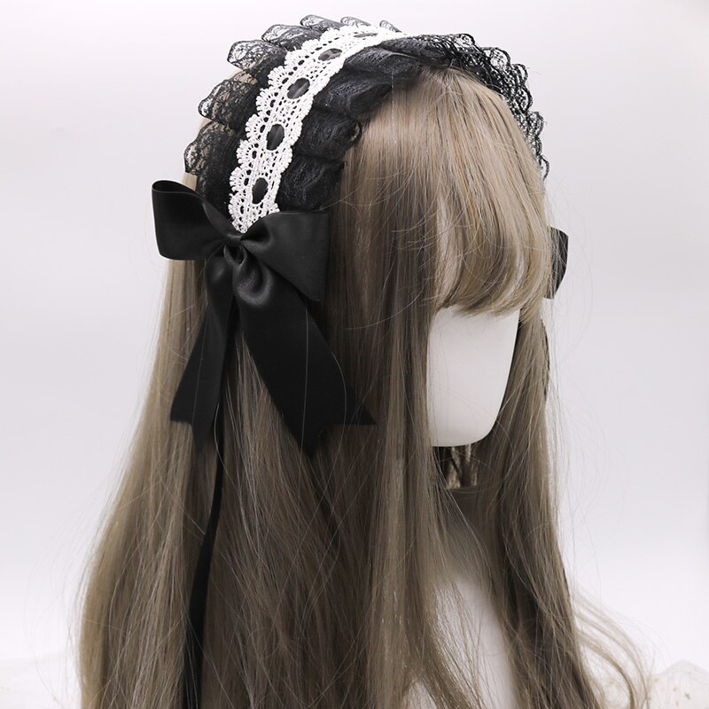 Petit bandeau Lolita japonais fait à la main, ornement pour cheveux de femme de ménage, clip latéral, accessoires pour cheveux doux: Black Lace And Black