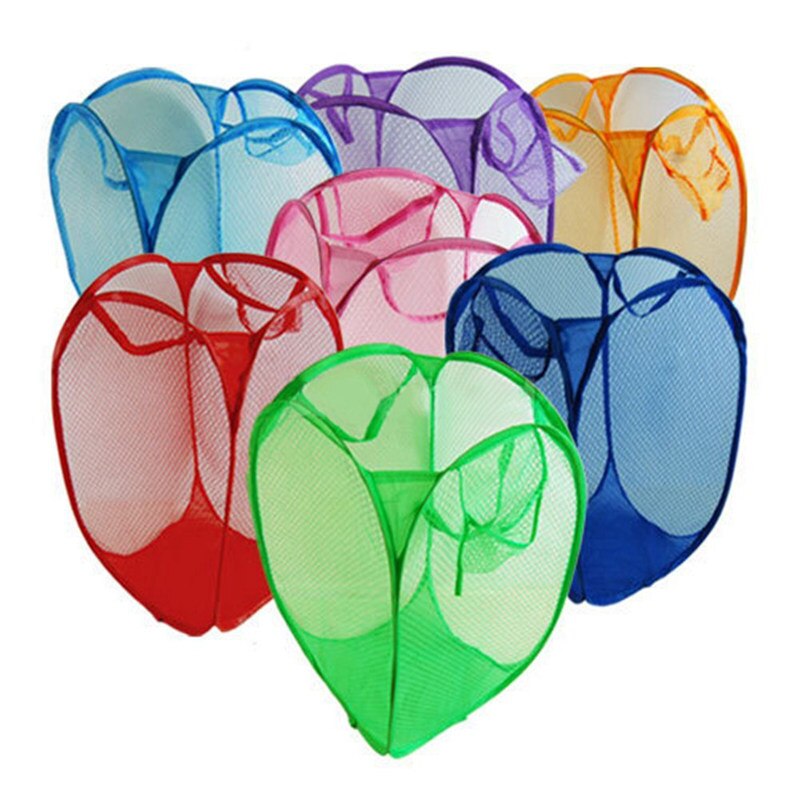 Foldable Mesh Up Washing Laundry Basket Bag Bin Hamper Storage (Ran Color): Default Title