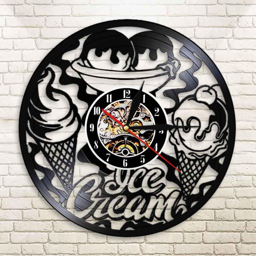 Ijssalon, bedrijfsbord, wandklok, keukendecoratie, moderne ijshoorn, dessert, vintage vinylplaat, wandklok