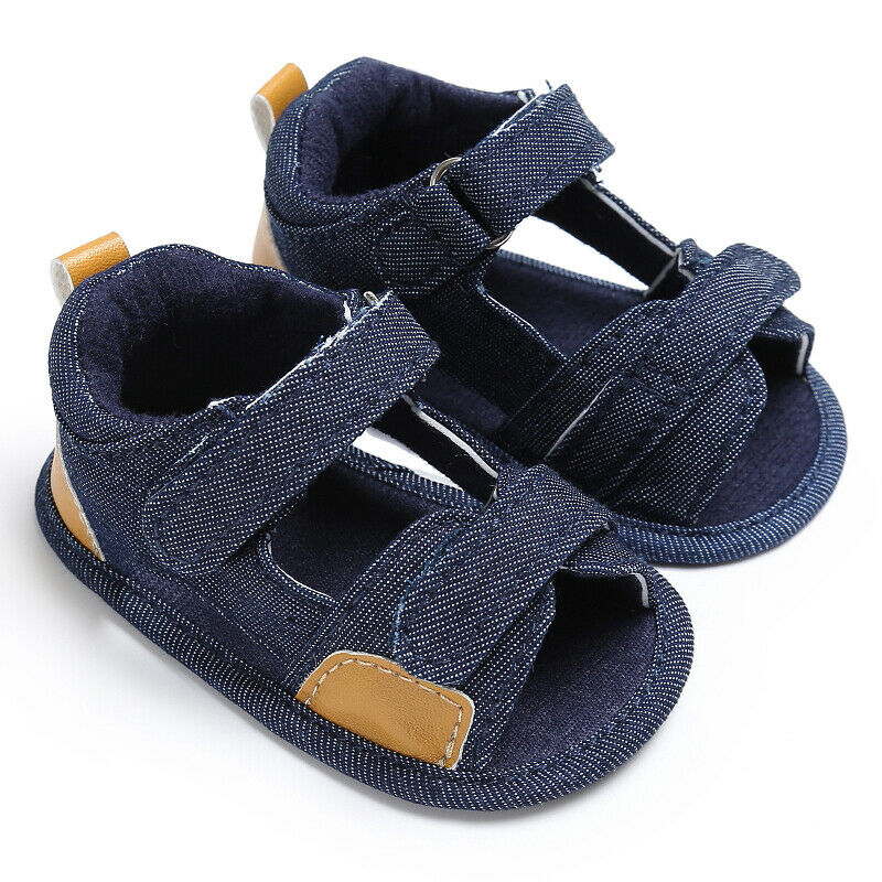 Unisex baby pige drenge sandaler blødt lærred baby sandaler anti-slip ruskind såler træsko nyfødte børn børn sommer sandal træsko: Mørkeblå / 7-12 måneder