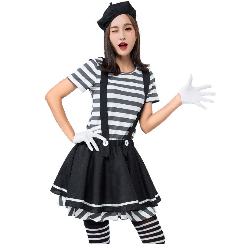 Umorden Volwassen Vrouwen Mime Kunstenaar Kostuum Stille Acteur Outfit Fancy Dress Halloween Carnaval Purim Party Cosplay Kostuums