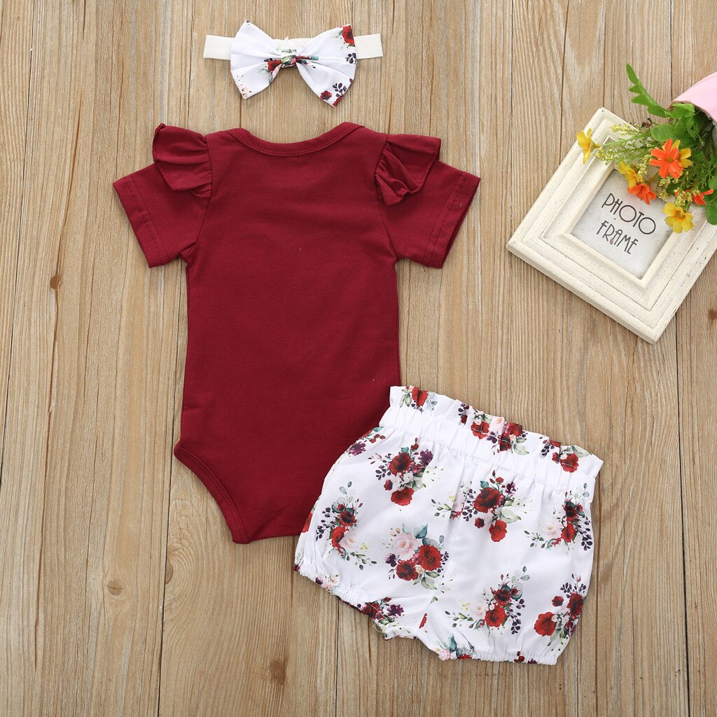 3Pcs Baby Sets Kleding Pasgeboren Baby Meisjes Bloemen Gedrukt Romper Bodysuit + Strik Shorts Outfits Baby Casual Zomer kleding