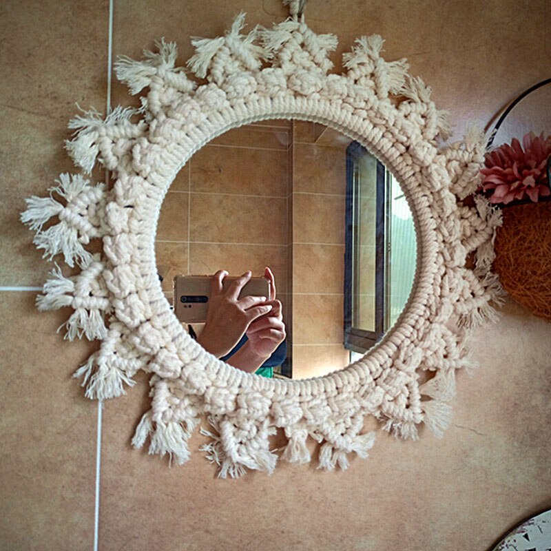 Espejos bohemios decorativos para colgar del sol en la pared, para dormitorio, decoración de pared hecha a mano de macramé, espejo grande, decoración para la habitación del hogar