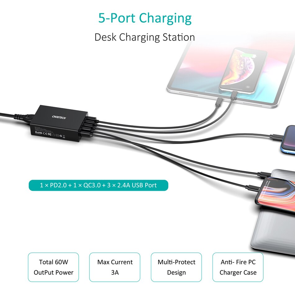 CHOETECH, Cargador USB de 5 puertos, 60W PD, multiestación de carga USB con acoplamiento Universal para teléfono móvil, pared de escritorio, enchufe para UE y Reino Unido