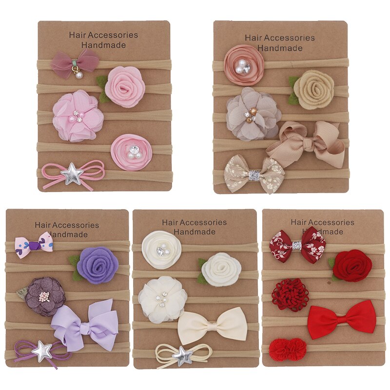 5 Pcs/Set Nylon Soft Baby Headband Pearl Flower Baby Girl Headbands Lace Bow Infant Kids Elastic Hair Band