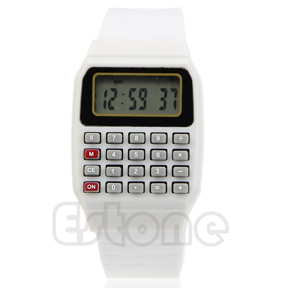 Fad-Reloj de pulsera con calculadora electrónica para niños, pulsera con fecha de silicona, multiusos, R9JB: White