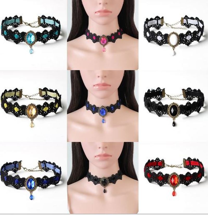 Halloween Sexy Gothic Chokers Crystal Black Lace Hals Collares Choker Ketting Vintage Victoriaanse Vrouwen Chocker Steampunk Sieraden