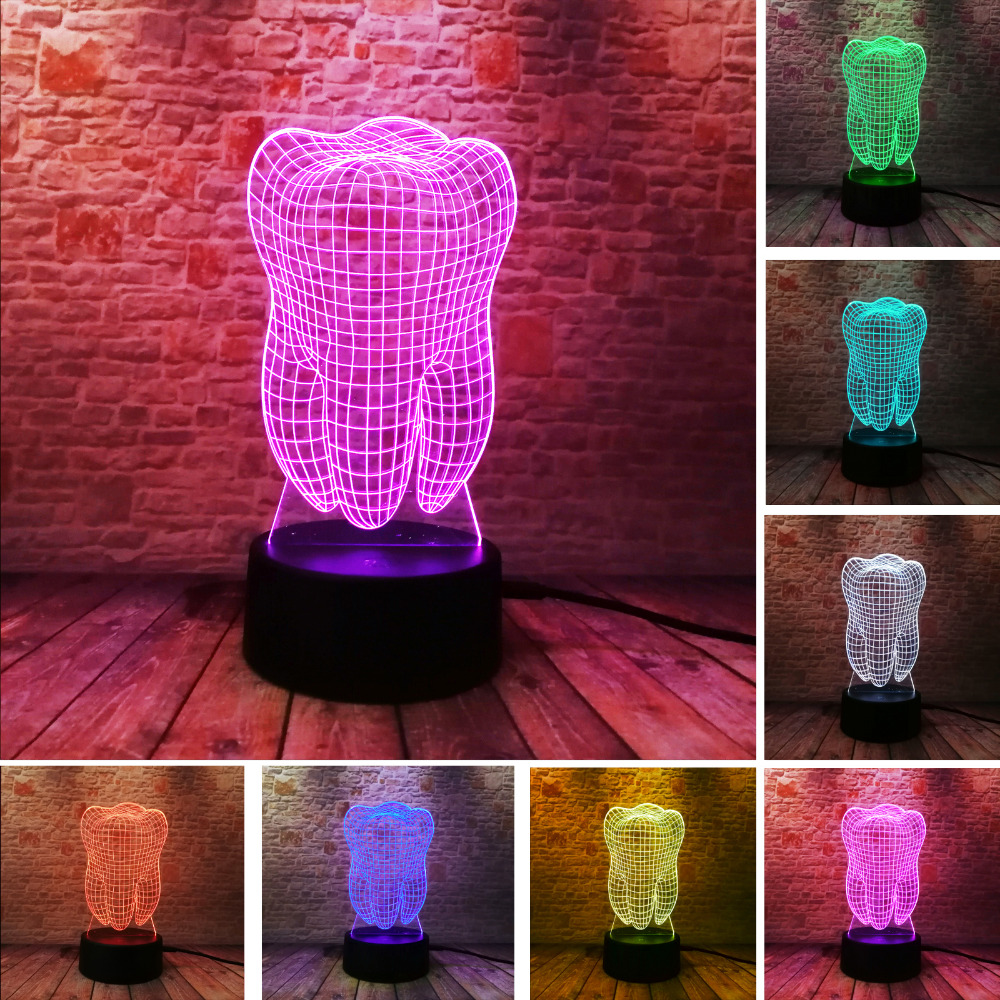 Fantastische Illusie Tand 3D LED Nachtlampje Kleurrijke Kids Baby Slaapkamer Sfeer Touch Tafel Cool Lamp als voor tandarts