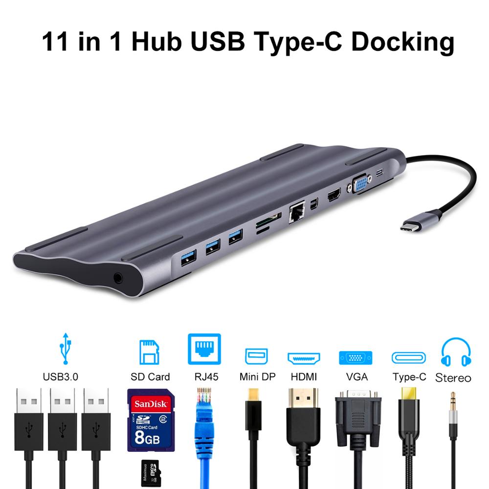 11in1 USB C tipo C a de USB3.0 Dock a HDMI 4K adaptador VGA RJ45 Ethernet Lan SD TF lector para Macbook Pro Huawei Mate 30