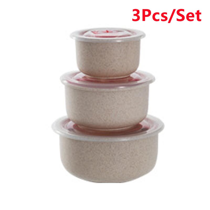 Wheat Straw Fresh-keeping Bowl Threepiece Set With Lid Round Lunch Box Can Be Microwave Sealed Bowl Kitchen Supplies Storage Box: Beige