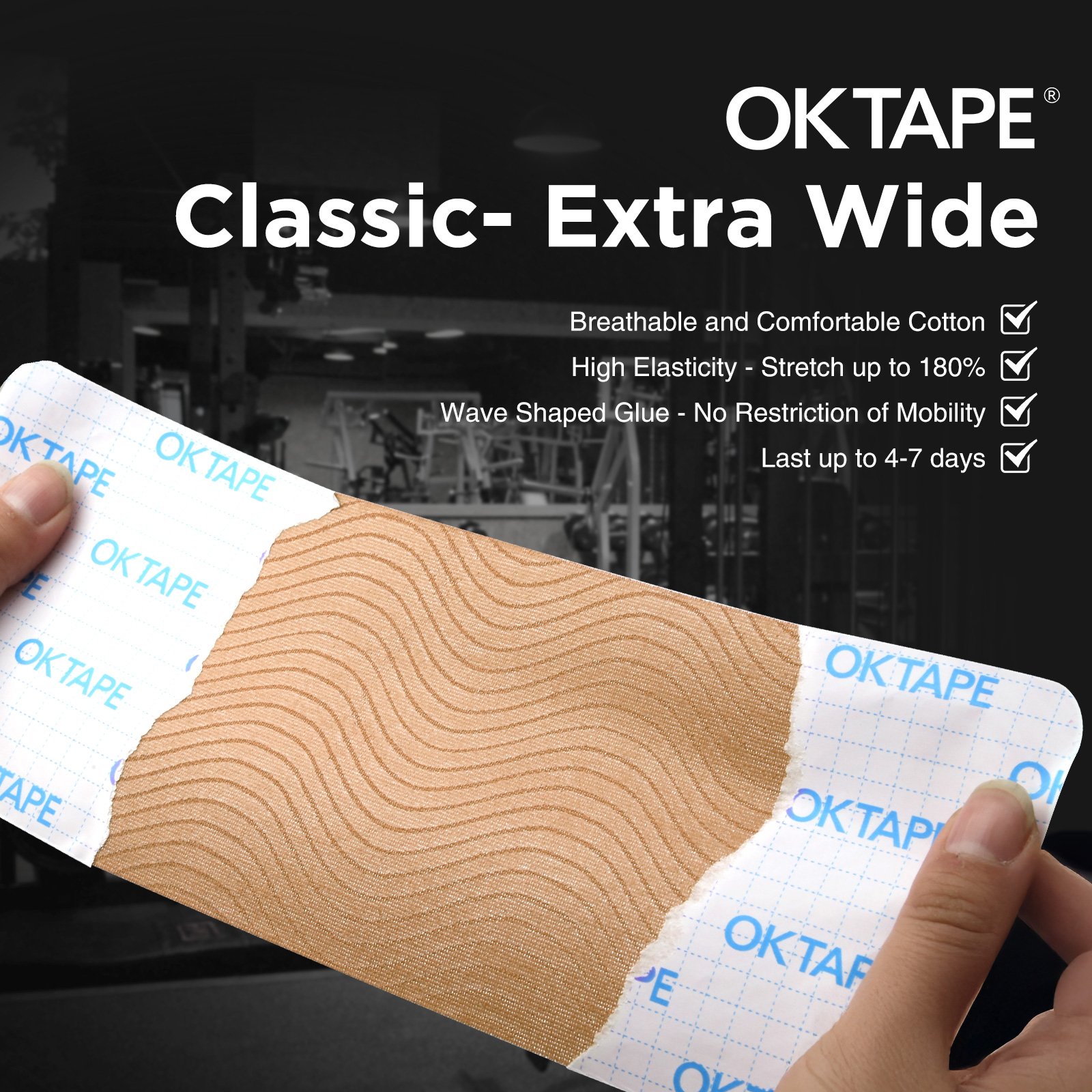 OK TAPE Breites Kinesiologie-Tape, vorgeschnittene K-Tape-Streifen zur Schmerzlinderung und zur Gelenkunterstützung | Rücken, Schulter, Knie (4" x 10" - 20 Stück)