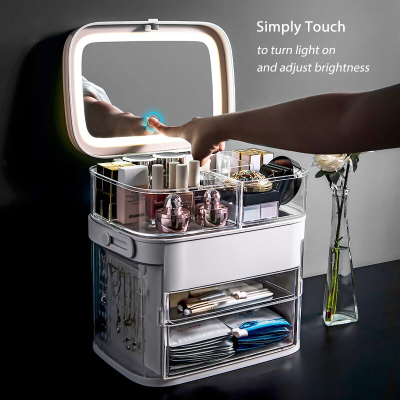 Organizador de maquillaje con espejo de tocador, espejo de maquillaje con luz LED ajustable, joyería, lápiz labial, contenedor cosmético, resistente al agua