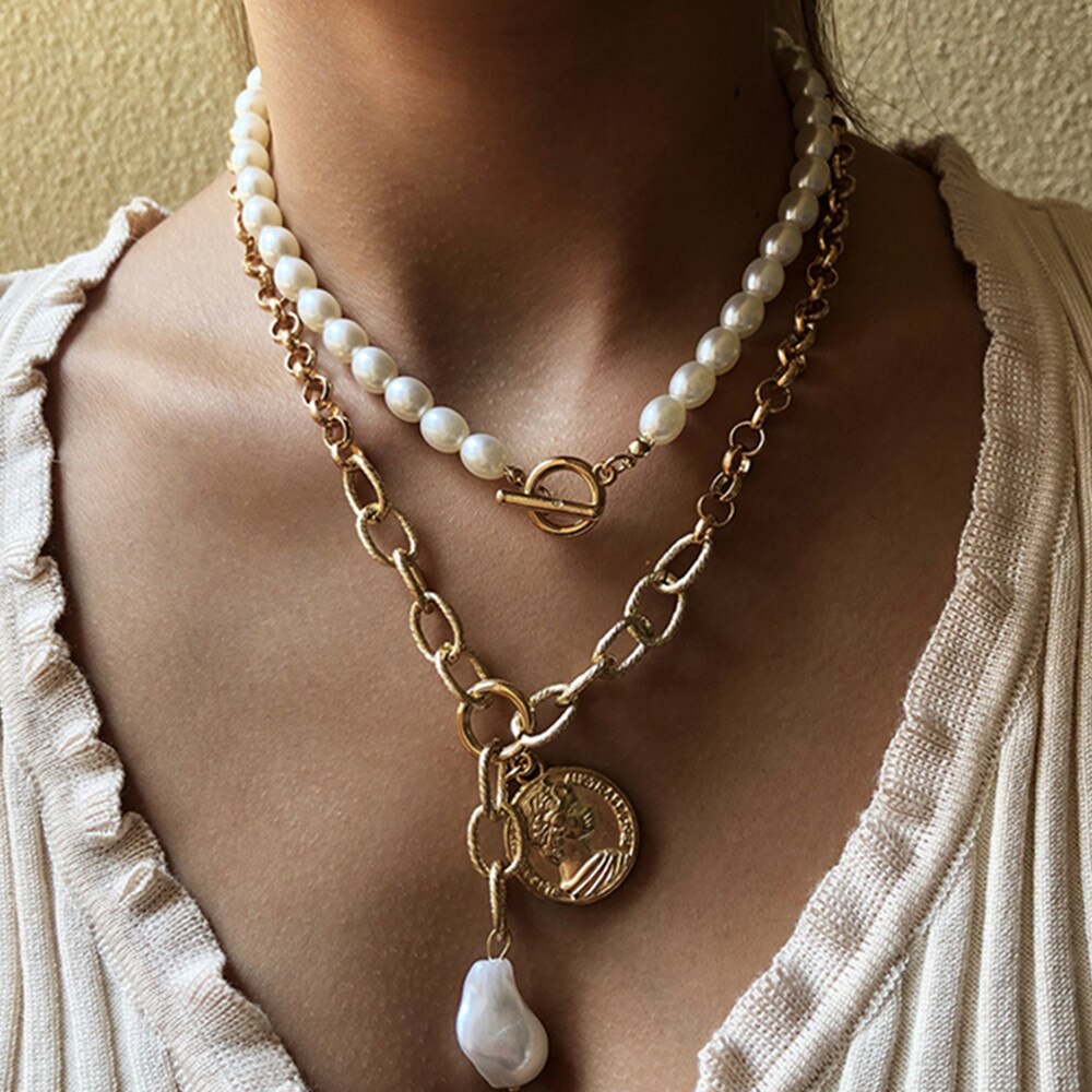 DIEZI Vintage Exaggeration Statement Choker Necklace Wedding Imitation Pearl Coin Pendant Necklaces Women Chain Jewelry: Coin