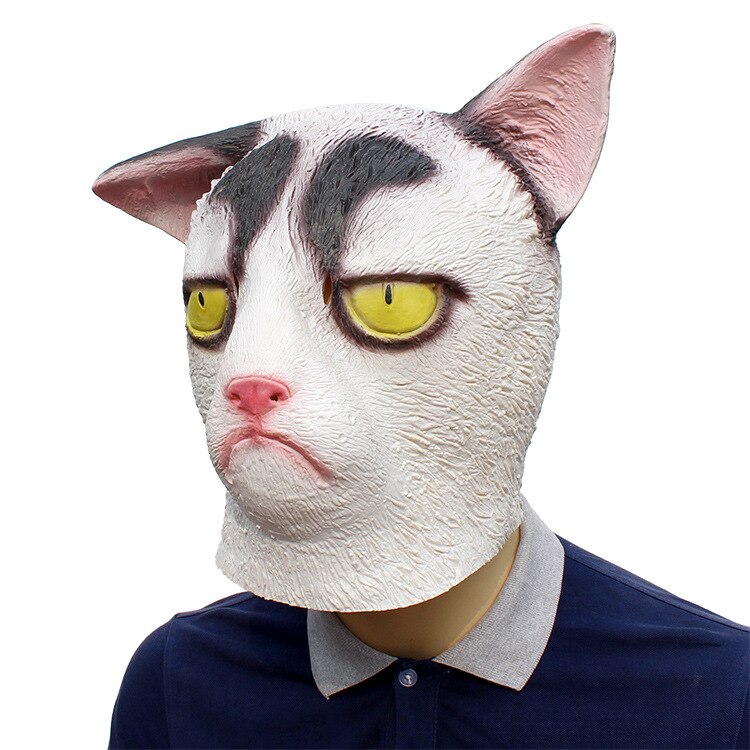 Unhappy Cat Mask Halloween Fancy Dress Cat Panther Latex Costume Full Face Mask Masquerade Props