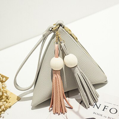 Driehoek Kwastje Mini vrouwen Tas Vrouwelijke Clutch Purse Handtas Polsbandjes Strap Kleine Totes PU Schoudertas Casual Telefoon pakket: gray