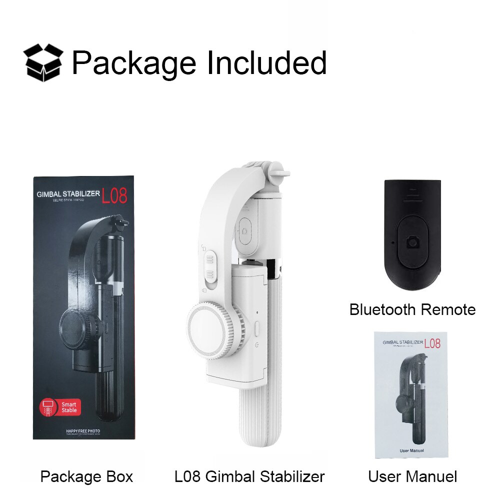 L08 Selfie bâton stabilisateur Smartphone trépied support de téléphone avec Bluetooth Selfie télécommande pour IPhone Android téléphones: white