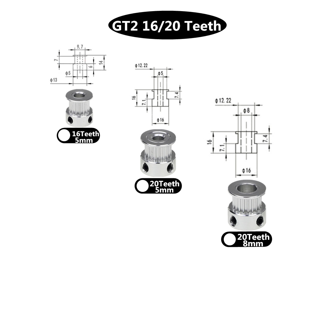3d printerdele tilbehør  gt2 20 tænder 20 tænder boring 5mm/8mm timing aluminium remskive passer til  gt2-6mm åbne tandrem