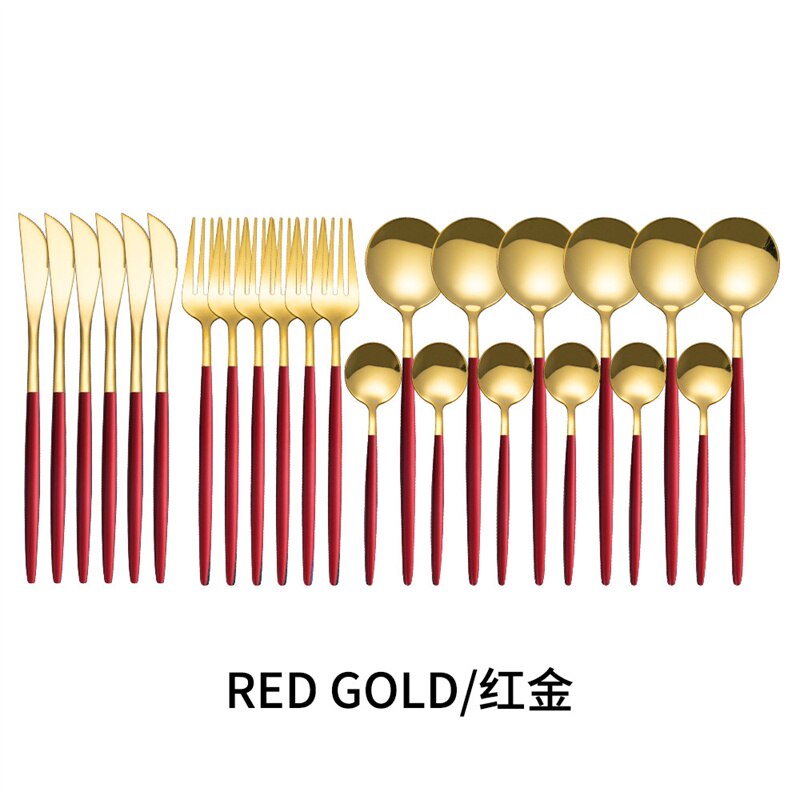 Couverts en acier inoxydable, 24 pièces, service de table, cuillère, couteau, fourchette, couteau, portugais occidental: RedGold