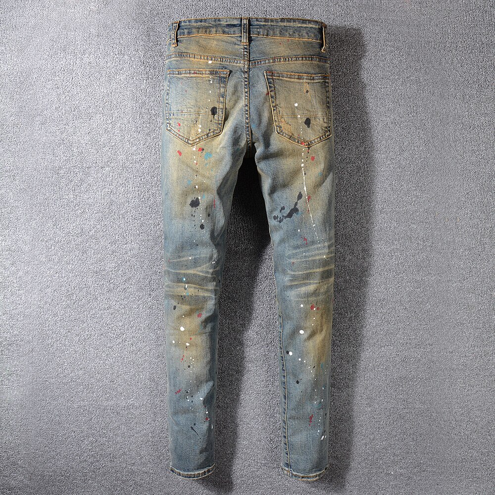 Gaten heren geschilderde gescheurde vintage blauwe distressed stretch denim broek slim fit heren jeans