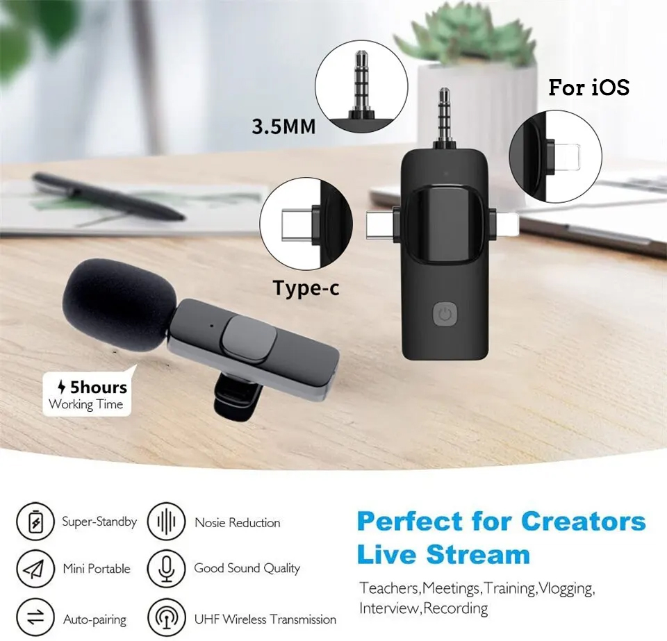 4-in-1 kabelloses Lavalier-Mikrofon für iPhone und Android, 3,5 mm, für Radio, Live-Aufnahme, Rauschunterdrückung, professionelles Mini-Mikrofon