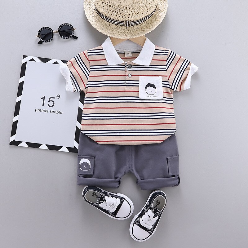 Ienens Baby Korte Mouwen Kleding Sets Kids Gestreepte Polo-Shirt + Shorts Outfits Suits Peuter Infant Jongens Casual Zomer kleding: Khaki / 3-4T