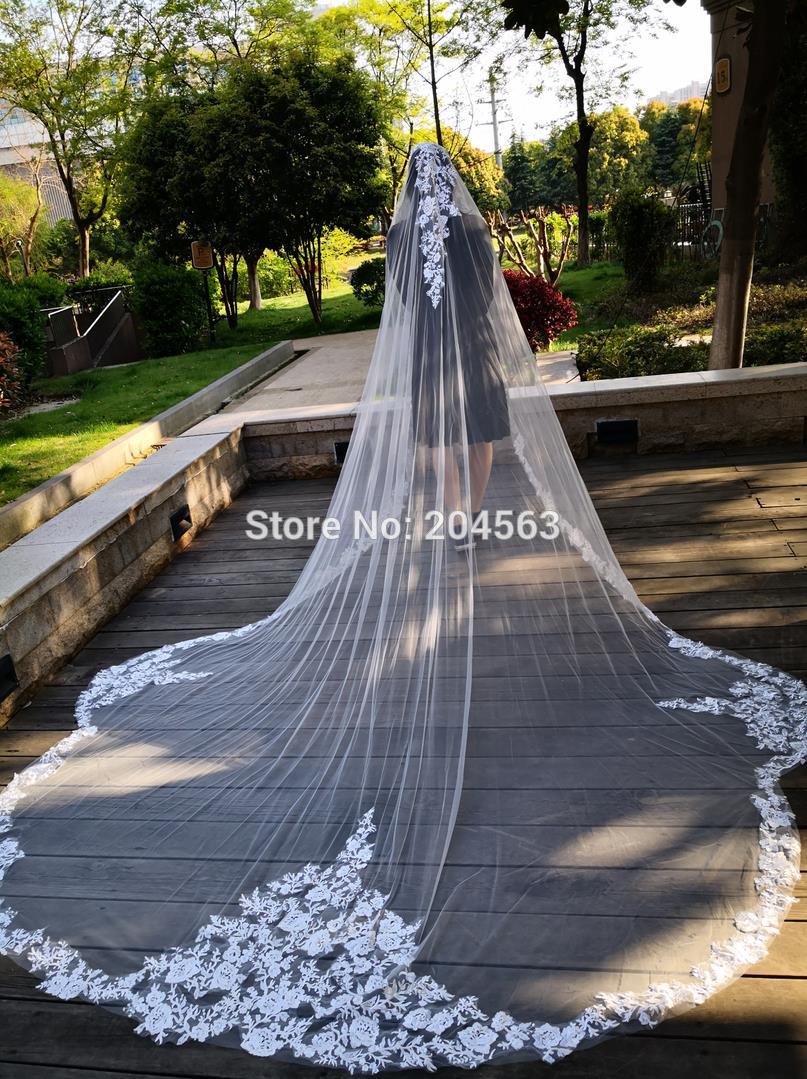 Velo de boda de una capa con borde de encaje, velo de novia con foto Real, único, catedral, MM