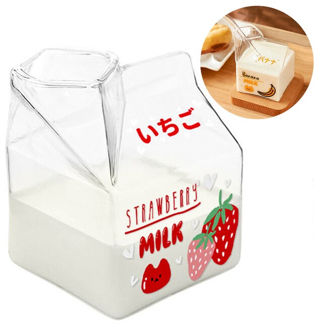 Glas Milchkännchen Kasten Hitzebeständige Karikatur Mini Platz Milch Karton Container Tasse 380ml Wasser Tasse Kawaii Becher Kawaii Flasche: verrotten