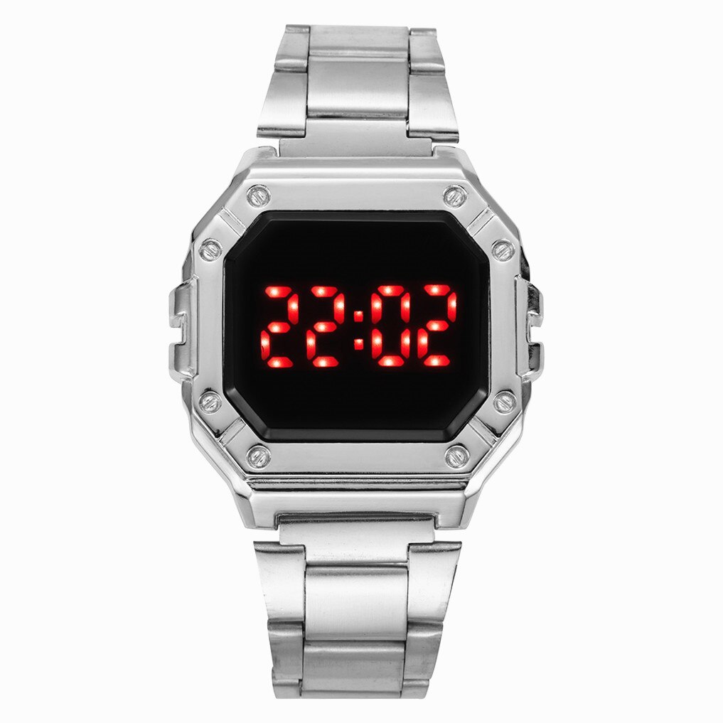 Digital Watch Women Men Unisex Luxury Stainless Steel Strap Wrist Watches Womens Alloy Dial Women&#39;s Electronic Clock Reloj Mujer: Silver