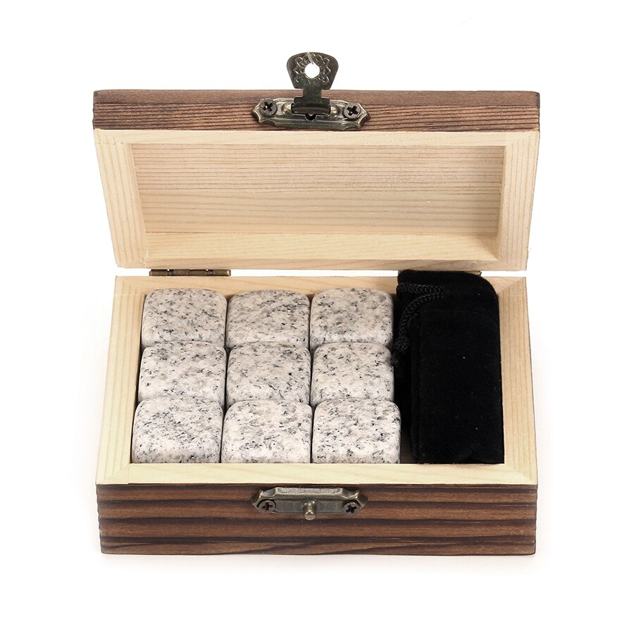 Whisky stenar set  - 9 granit whisky stenar / trälåda / sammet väska / återanvändbara kyla isbitar