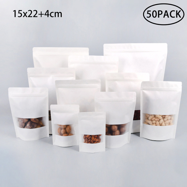 50pcs White Kraft Paper Bags Stand Up Zipper/zip Lock Candy Tea Dried Fruit Packaging Moisture-proof Open Window Pouch: E