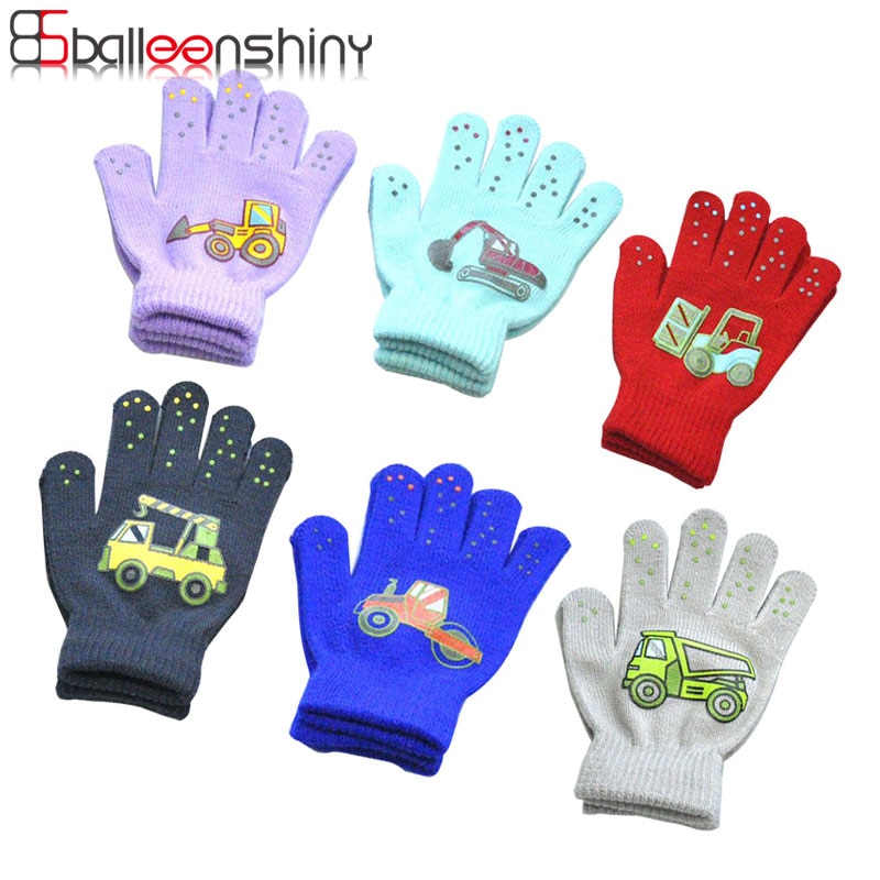 Balleenshiny inverno das crianças luvas quentes esportes ao ar livre malha luvas pequenas engenharia padrão de veículo impressão luvas