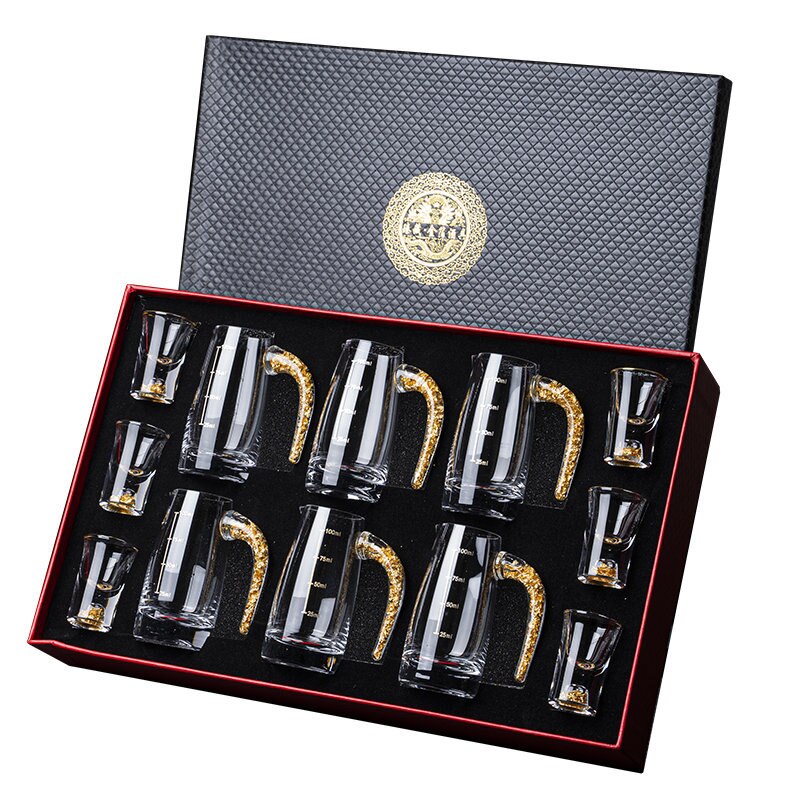 Baijiu – ensemble de tasses à vin avec feuille d'or, verre en cristal de , verre solide, ensemble de verres à vin de style chinois, ensemble de verres à vin