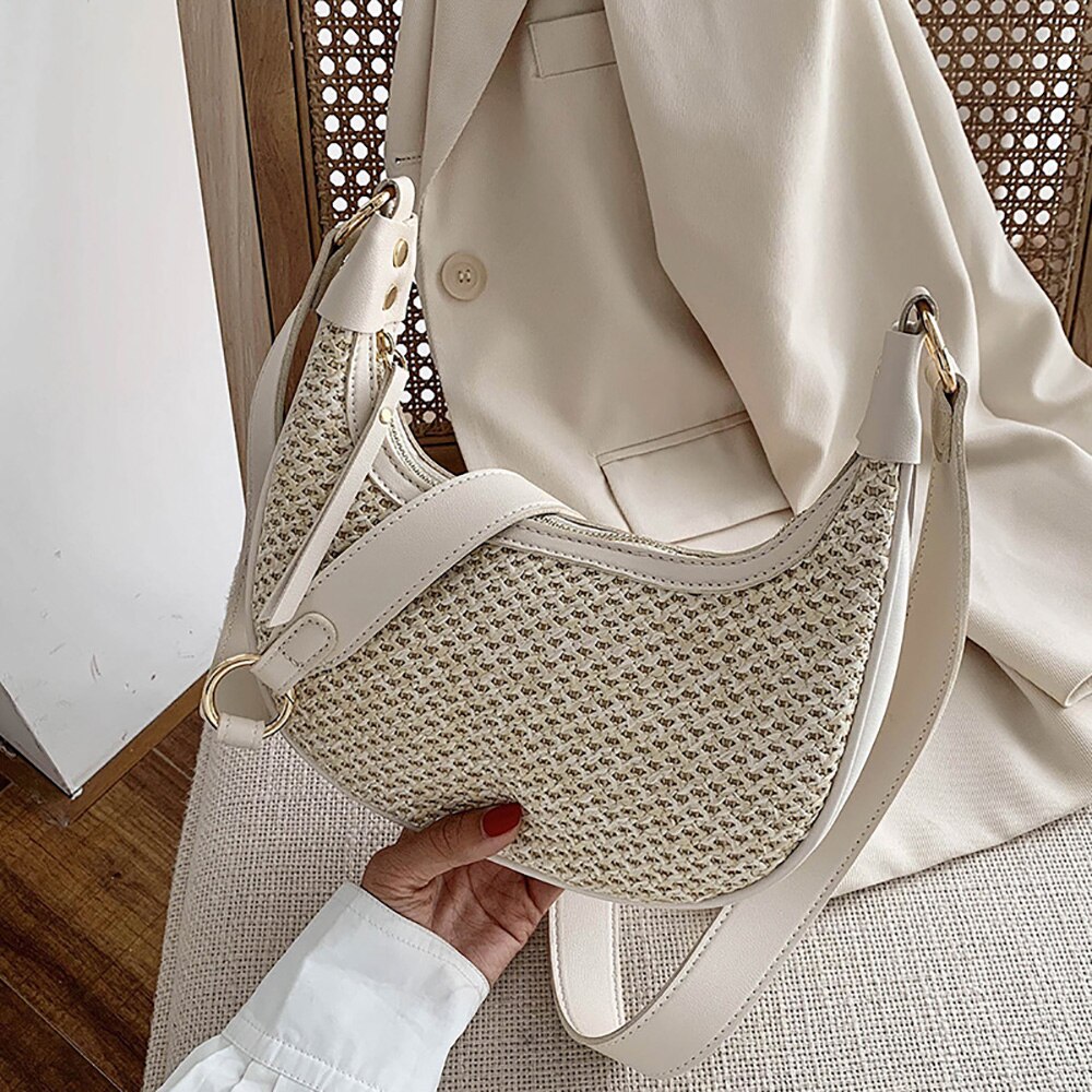 Anokhogi volledig gras geweven patchwork vrouwelijke schoudertas kleurrijke brede schouderband handtas  zx90