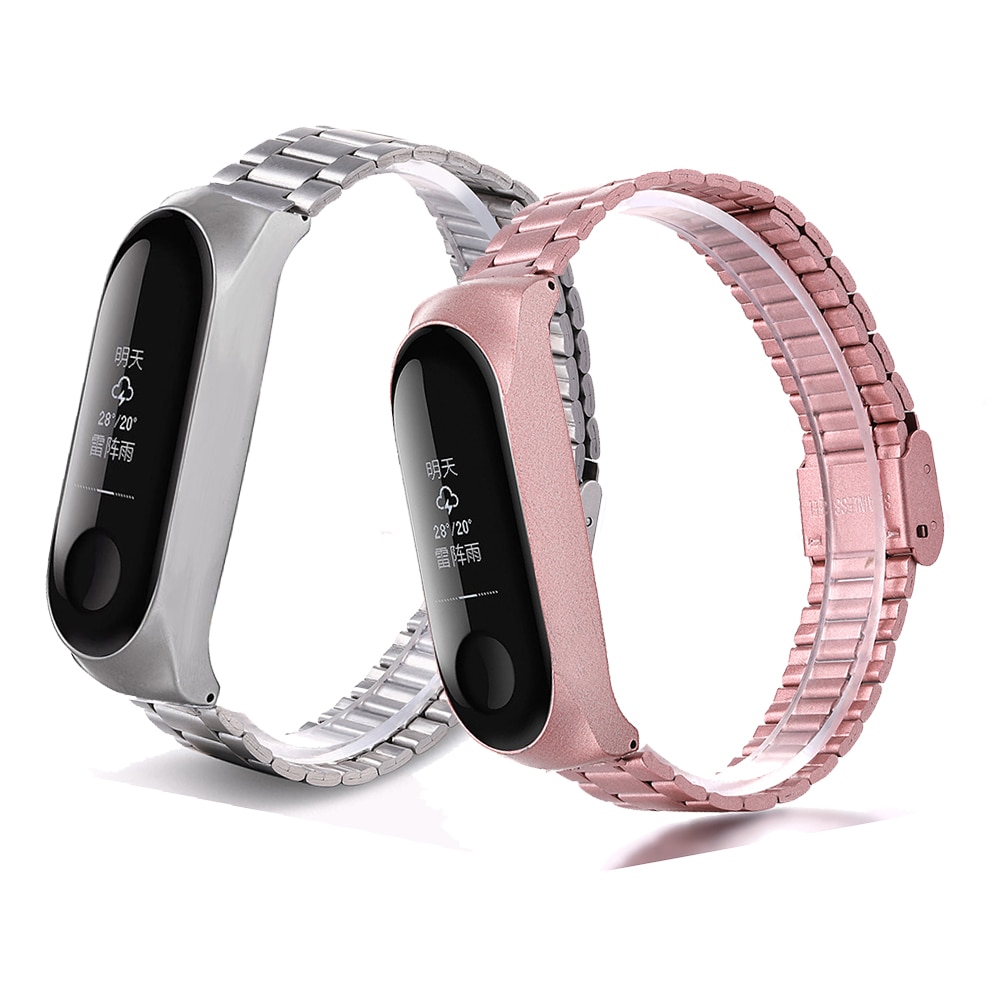 Correa de metal para Xiaomi Mi band 3/4/5, correa de acero inoxidable con tres cuentas, hebilla para pulsera,
