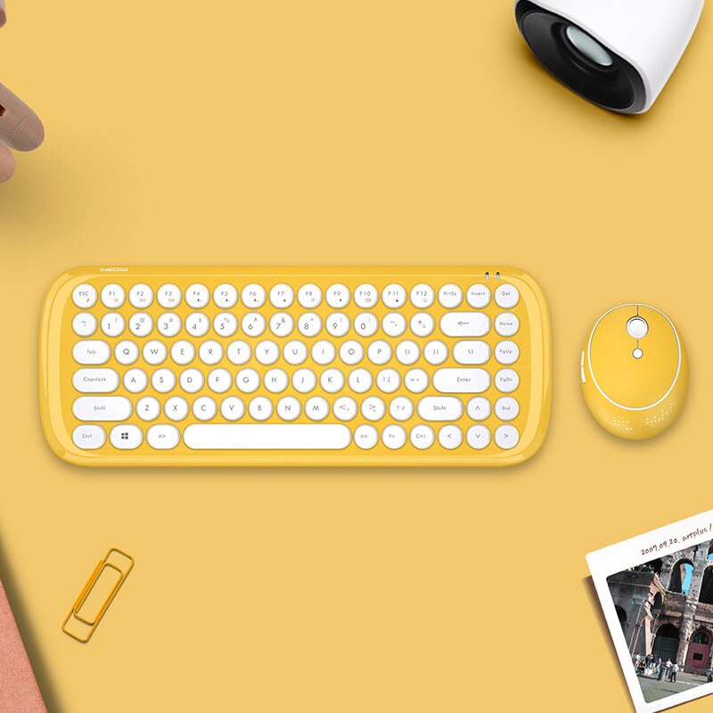 Jelly Comb-Conjunto de teclado y ratón inalámbricos para ordenador portátil, escritorio, teclado, ratón, peine, botón redondo: Lemon Yellow