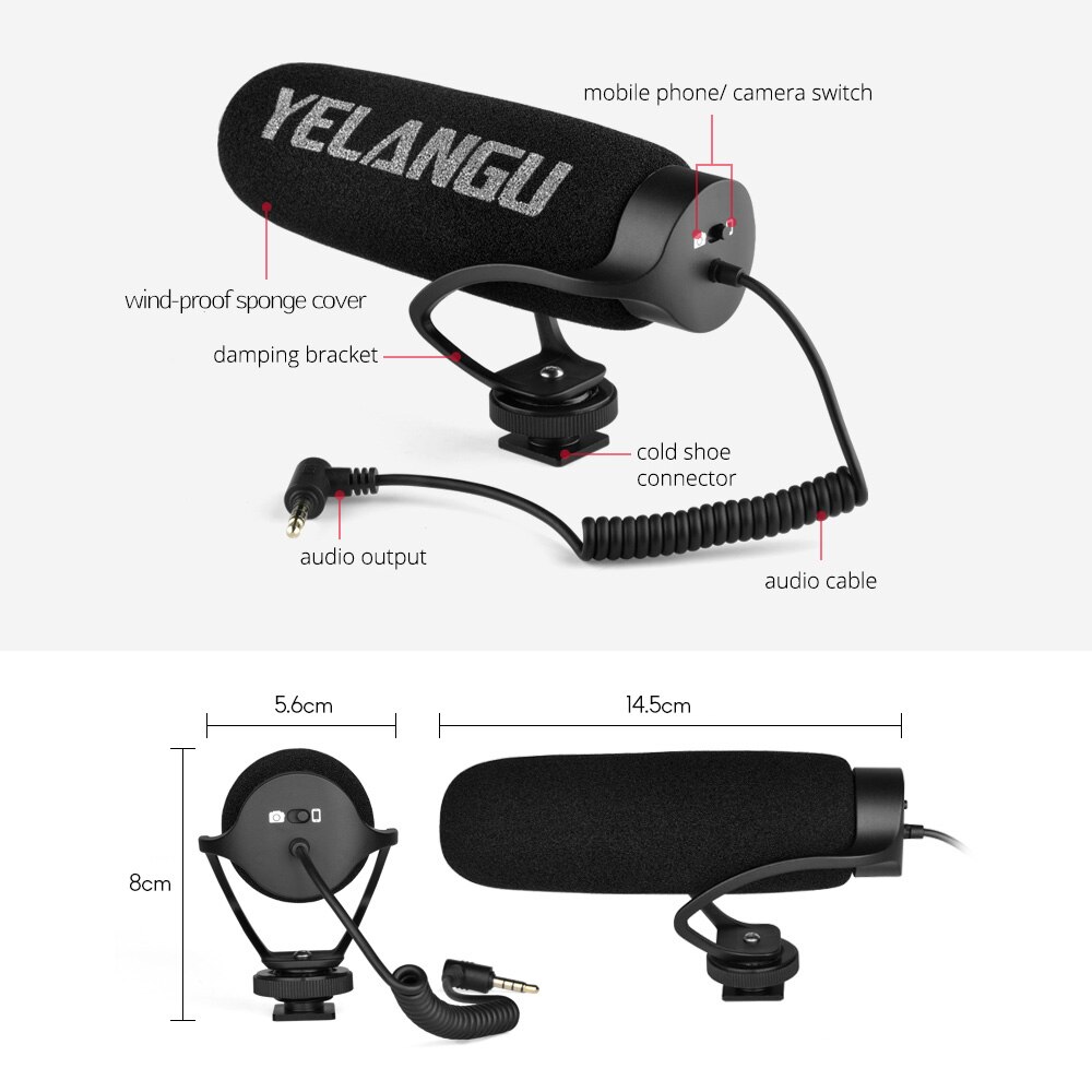 YELANGU MIC08 On-camera Condenser Microphone Video Mic with Intergrated Shock Mount 3.5mm TRRS for Camera Smartphone Vlog Video