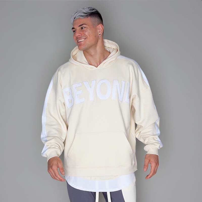 Casaco com capuz masculino, jaqueta larga europeia e americana para treinamento esportivo fitness e casual: M / Bege