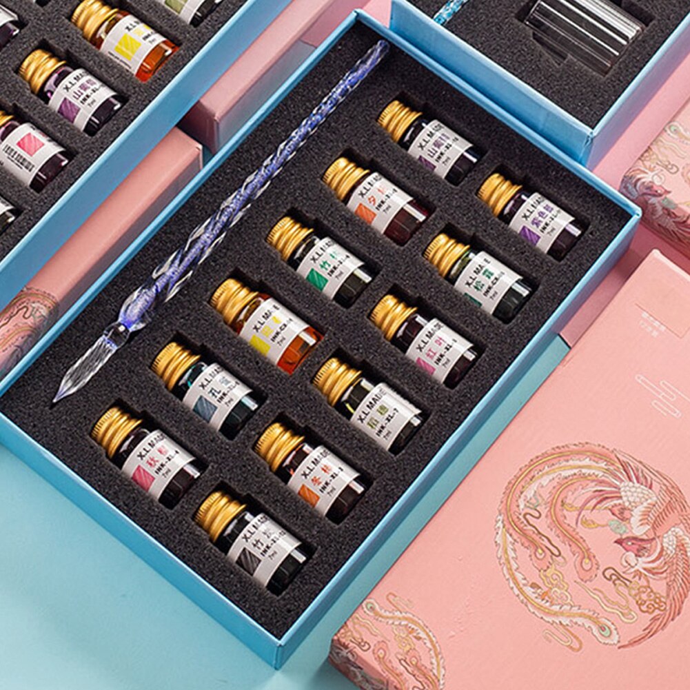 Painting Crystal Glass Signatures Dip Pen Set With 12 Colors Ink For Art Writing Calligraphy Fountain Doodling Stationery