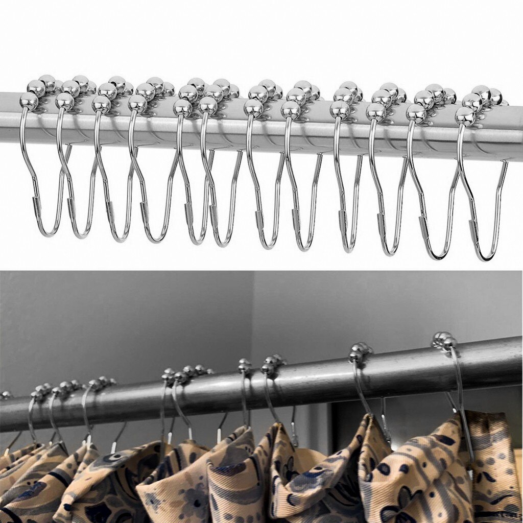 12 pcs Stainless Steel Curtain Hooks Bath Curtain Rollerball Shower Polished Satin Nickel Ball Curtain Rings Hooks 5 Rollers
