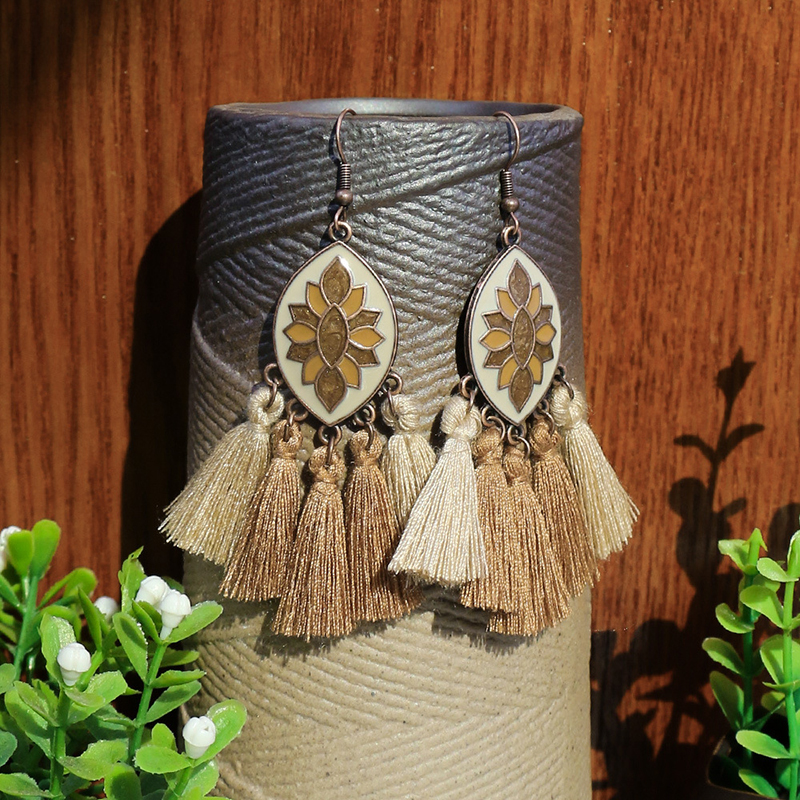 Pendientes étnicos Vintage bohemios con forma de gota para mujer, aretes largos bohemios con cuentas y borlas de madera, aretes redondos geométricos de hojas y flores, joyería: Estampado en caliente