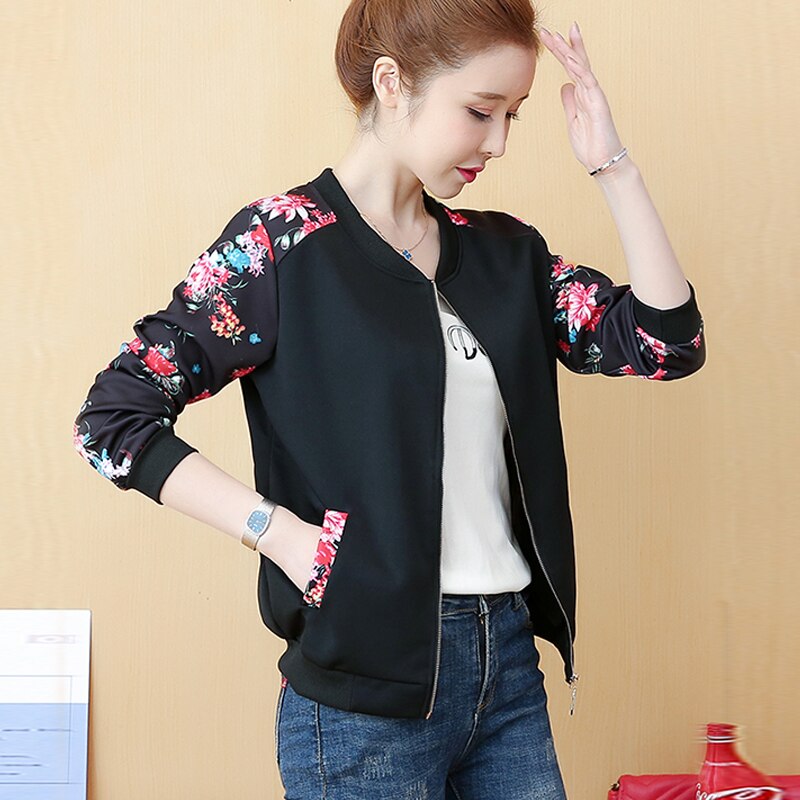 Chaqueta Bomber con estampado de flores para mujer, abrigos básicos de manga larga, chaquetas informales ajustadas, ropa para mujer