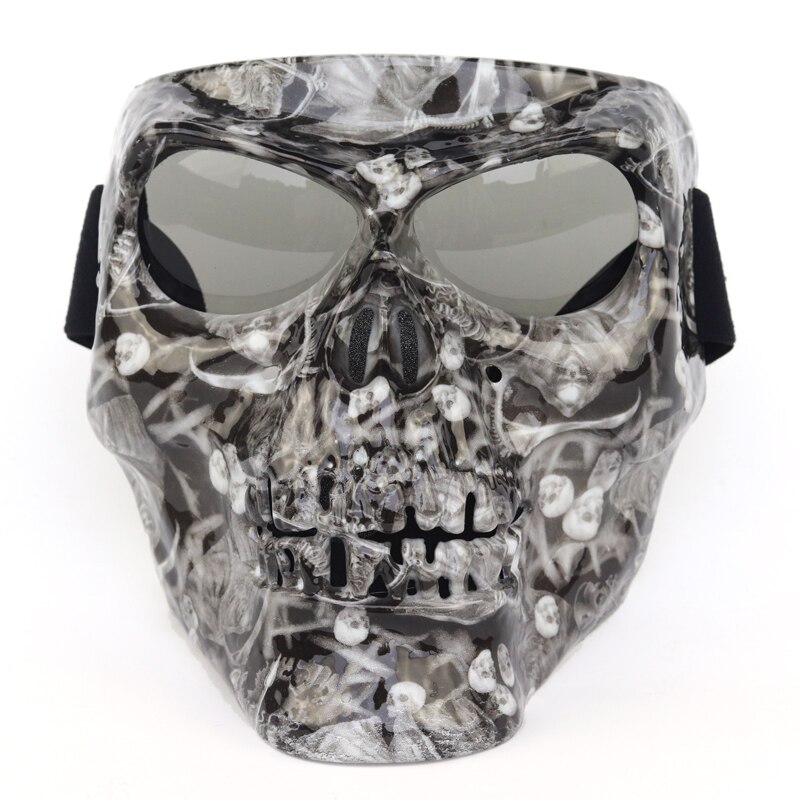 Cool skull motorcycle face Mask with Goggles Detachable modular Goggles Mask for Vintage open face Motorcycle Helmet Moto Casco: black-white-grey