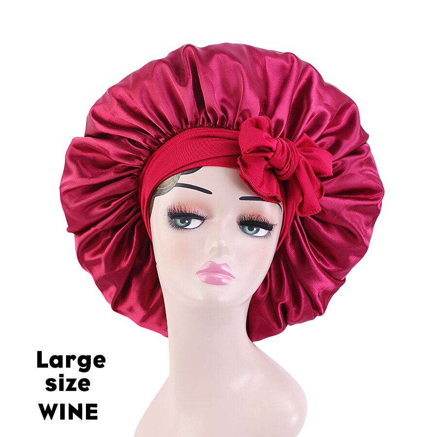 Satin Bonnet Silk Bonnet With Elastic Tie Band Large Adjustable Straps Hair Bonnet Jumbo Size For Sleeping Curly Braid Hair: L WINE